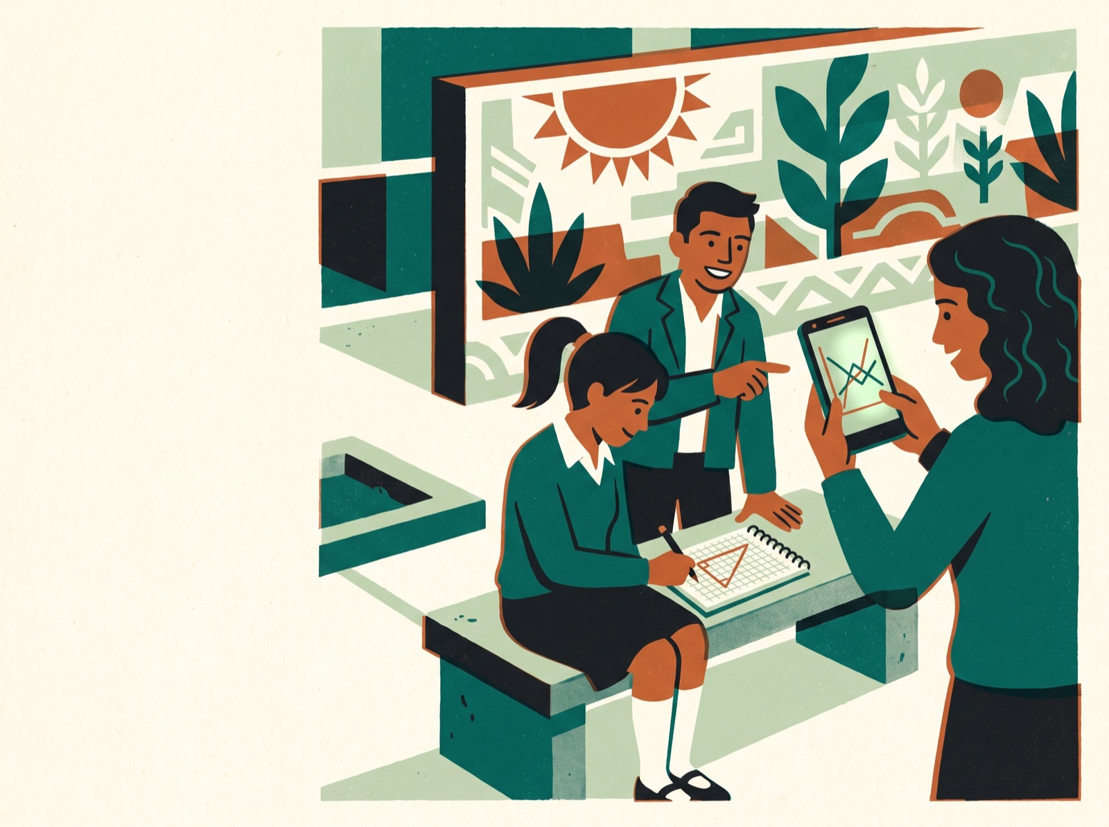 Tres estudiantes de bachillerato en el patio de la escuela: una resuelve un triángulo en su cuaderno y otra muestra en su teléfono la gráfica de dos rectas que se cruzan.